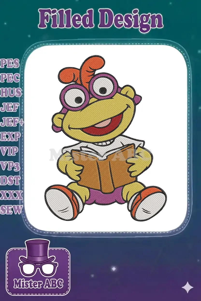 Adorable Baby Robin the Frog embroidery design, sitting and happily reading a book, perfect for delightful projects.