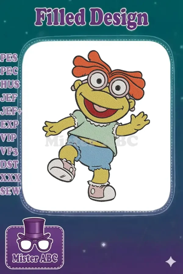 Full-color embroidery design of Animal from Muppet Babies, featuring his wild orange hair, yellow skin, and blue shorts.