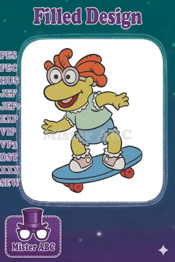 Full view of Gonzo from Muppet Babies on a skateboard, featuring detailed fill stitching and vibrant colors.
