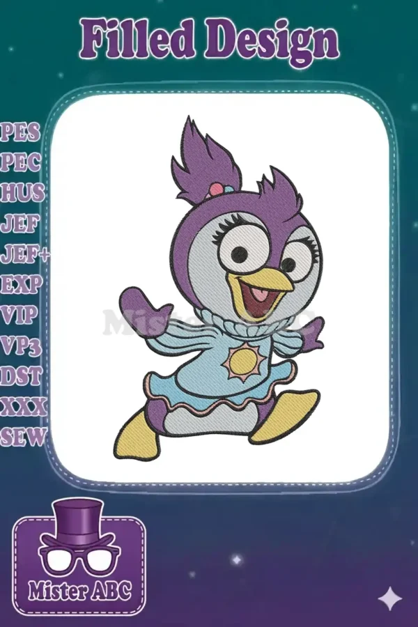 Full-color embroidery of a joyful cartoon penguin, Summer Penguin, in a running pose, with purple, blue, and yellow.