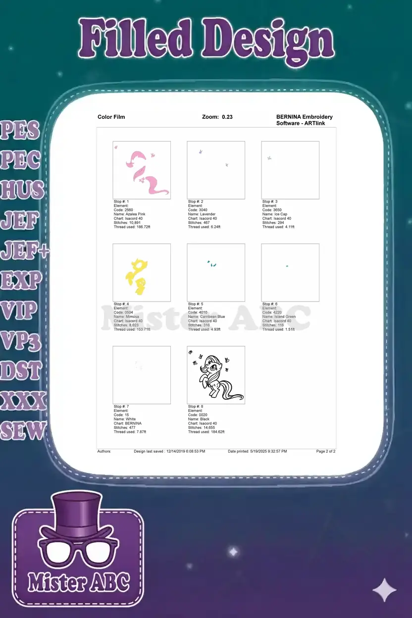 Color film breakdown of the Fluttershy embroidery, illustrating stitch progression for each color element.