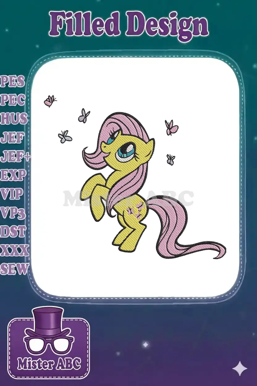 Fluttershy from My Little Pony, standing on hind legs, surrounded by delicate butterflies, vibrant embroidery.