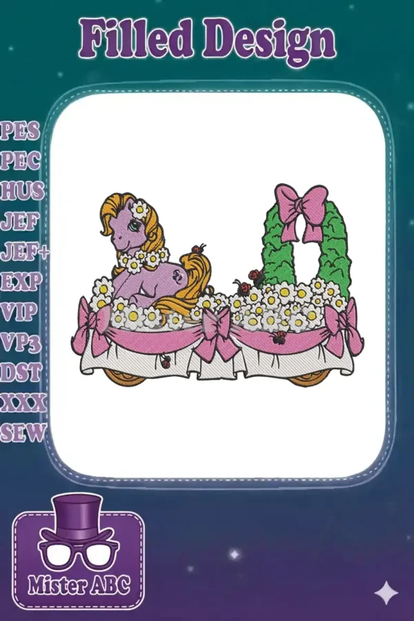 A charming My Little Pony Heart Throb on a parade float, adorned with daisies, bows, and a festive wreath.