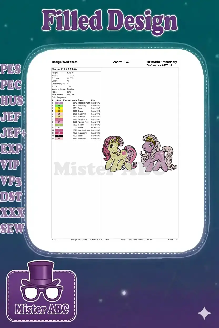 Embroidery design worksheet detailing stitch count, dimensions, color chart, and thread information for the pony designs.