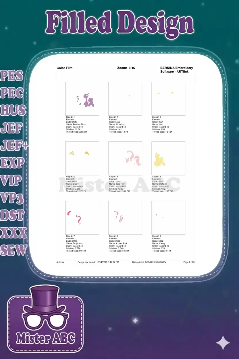 First page of the embroidery color film, illustrating the initial color stop sequences and thread usage for the ponies.