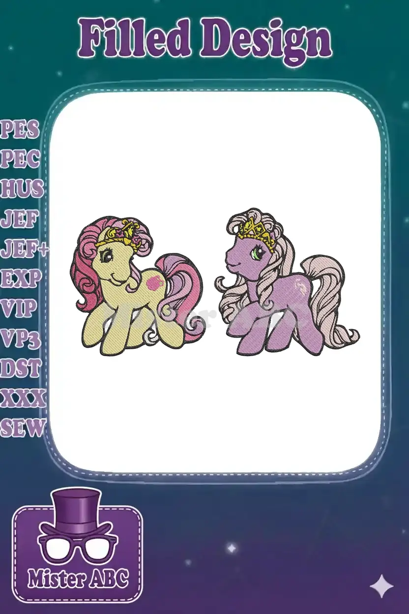 Two charming princess pony embroidery designs, one yellow with pink mane and one purple with lavender mane, both wearing crowns.