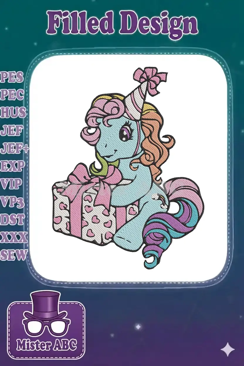A charming light blue pony with a party hat and a pink gift box, perfect for birthday embroidery projects.