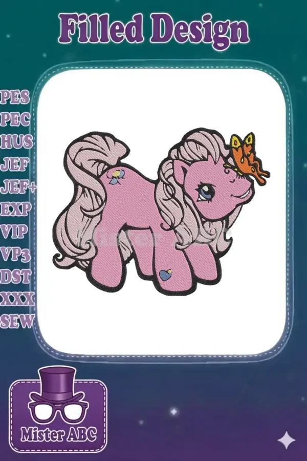 Detailed view of a charming pink pony embroidery design, featuring a flowing mane, tail, and a colorful butterfly.