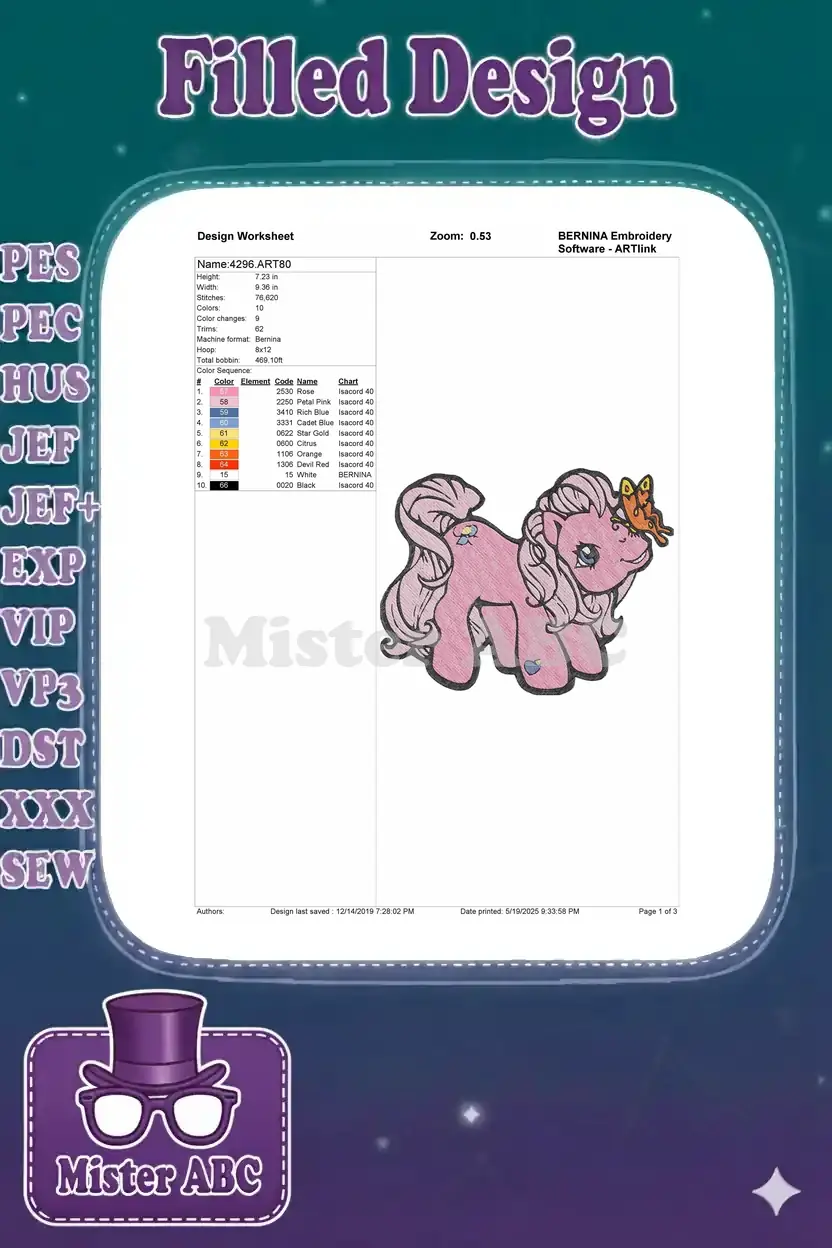 Design worksheet for the pink pony embroidery, detailing dimensions, stitch count, color sequence, and machine formats.