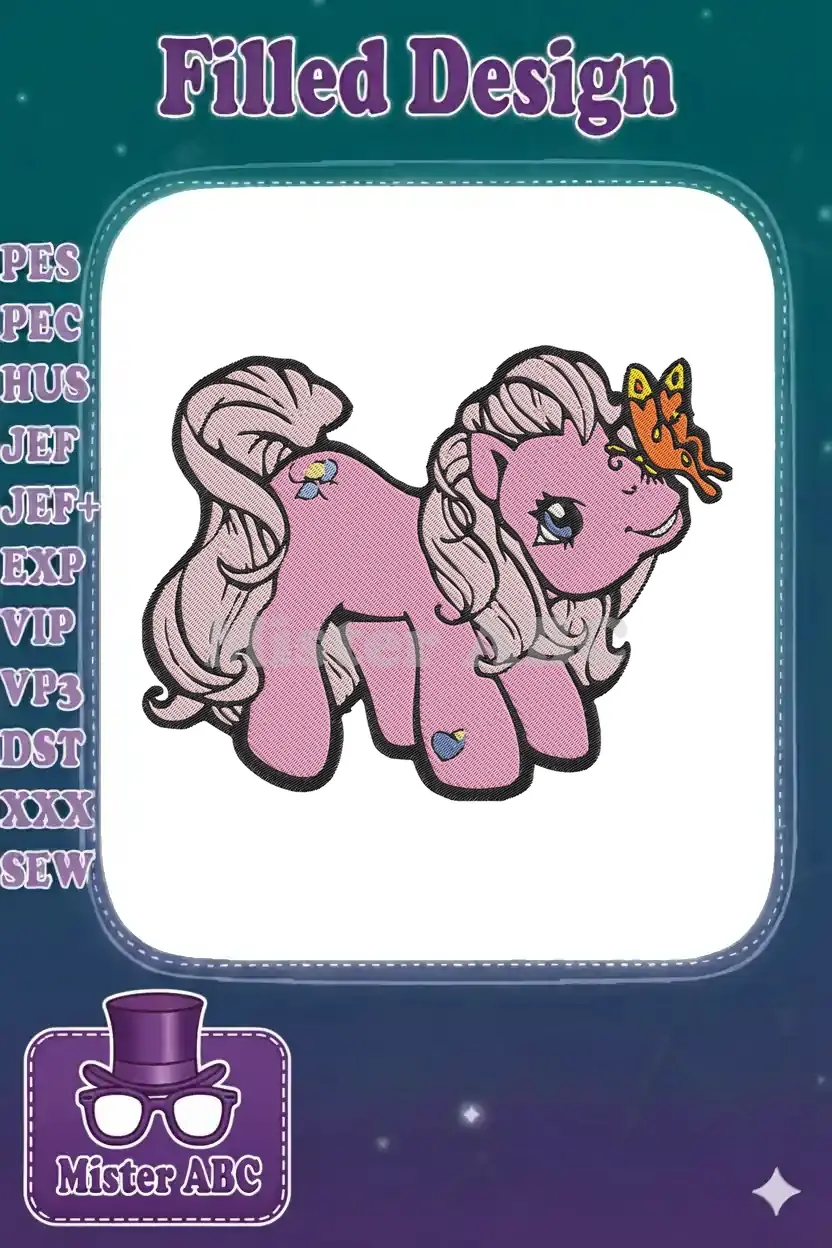 Detailed view of a charming pink pony embroidery design, featuring a flowing mane, tail, and a colorful butterfly.