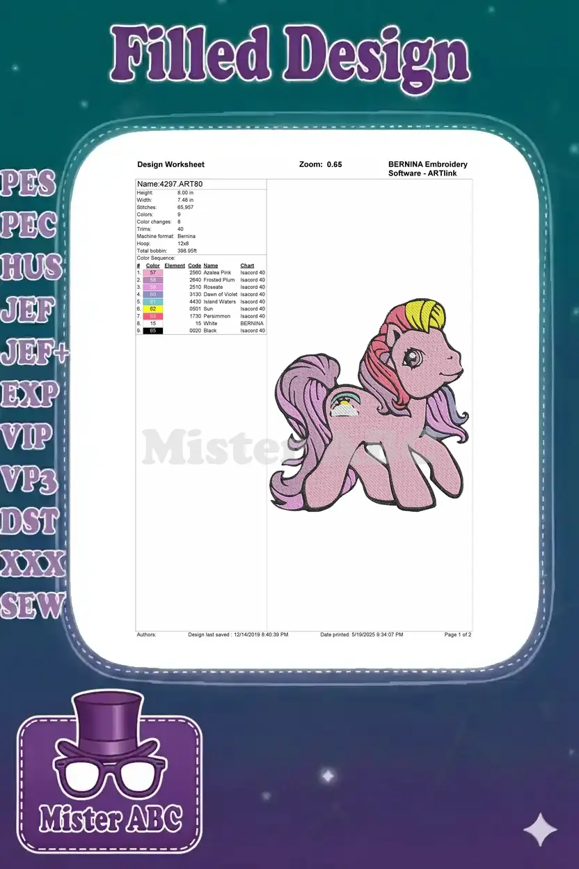 Embroidery design worksheet for My Little Pony Cotton Candy, showing dimensions, stitch count, and color chart.
