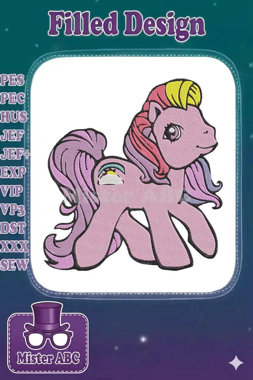 Full-stitch embroidery of My Little Pony Cotton Candy, a pink pony with a rainbow cloud cutie mark, facing right.