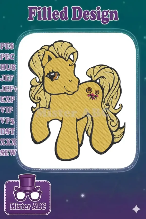 A charming vintage-style yellow pony embroidery design, featuring curly blonde mane, tail, and sweet lollipop cutie mark.