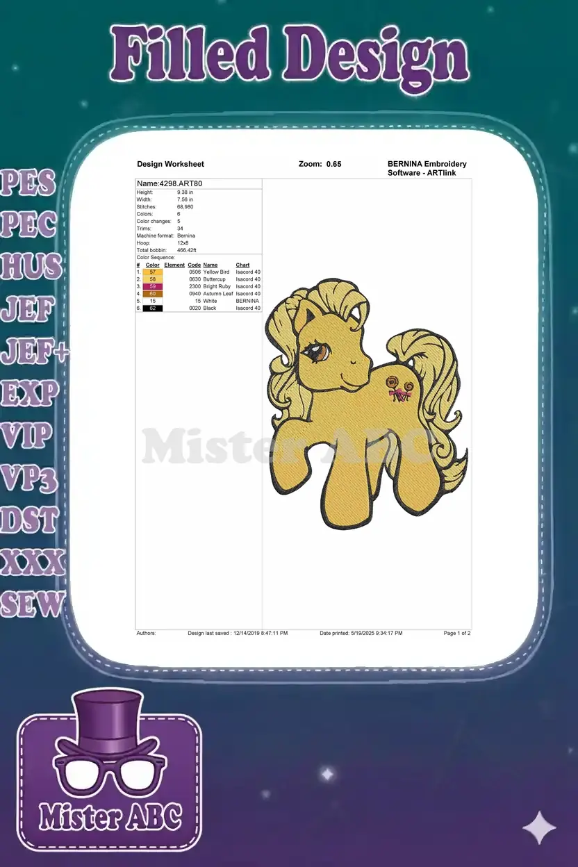 Design worksheet for the vintage yellow pony embroidery, detailing dimensions, stitch count, color sequence, and thread types.