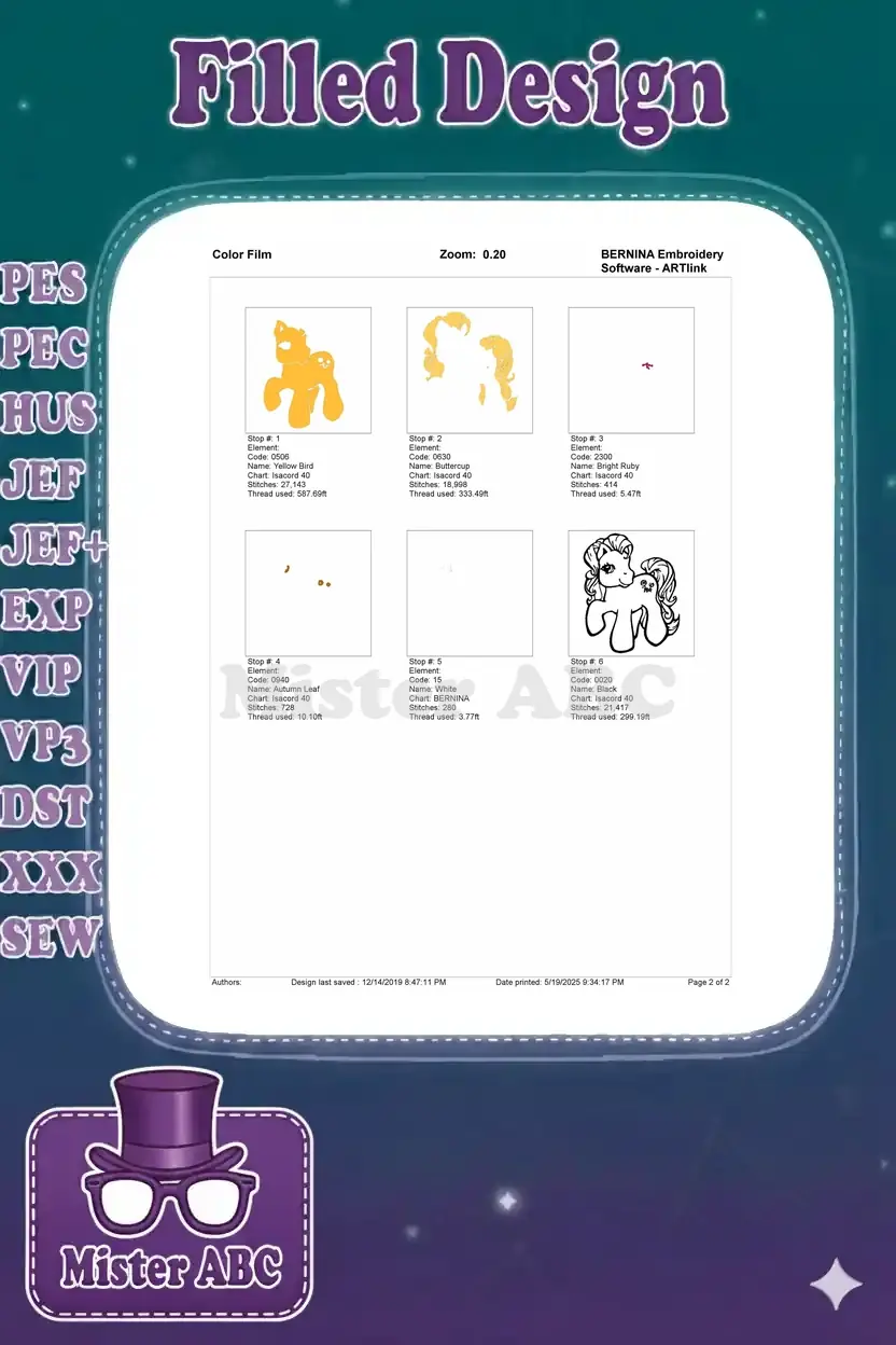 Color film breakdown illustrating the stitch order and individual color elements for the yellow pony embroidery design.