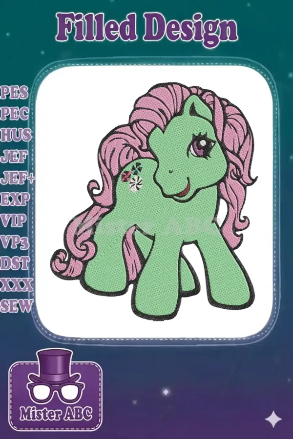 Vibrant Minty G1 My Little Pony embroidery design, featuring her signature green body, pink mane, and floral cutie mark.