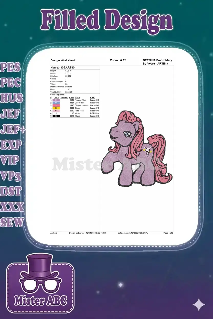 Detailed embroidery design worksheet for pony design 4305, showing dimensions, stitch count, and color chart.