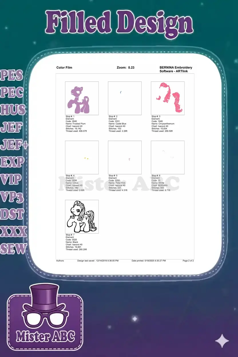 Color film breakdown of the embroidery process for the pony design, showing each thread color layer.