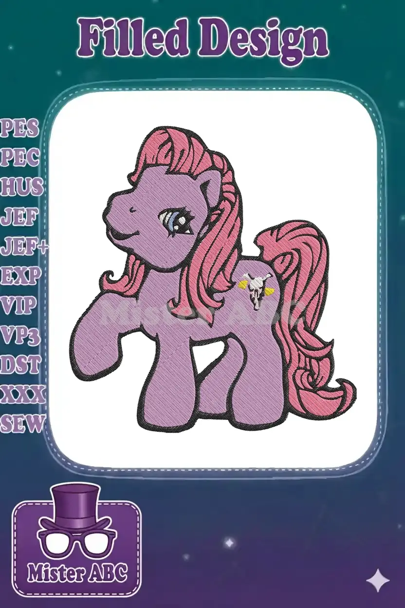 Vibrant purple pony embroidery design with flowing pink mane, blue eyes, and a striking skull cutie mark.