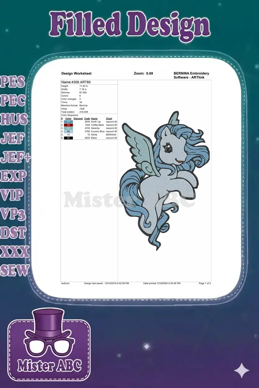 Embroidery design worksheet for the winged pony, detailing dimensions, stitch count, color changes, and thread chart.