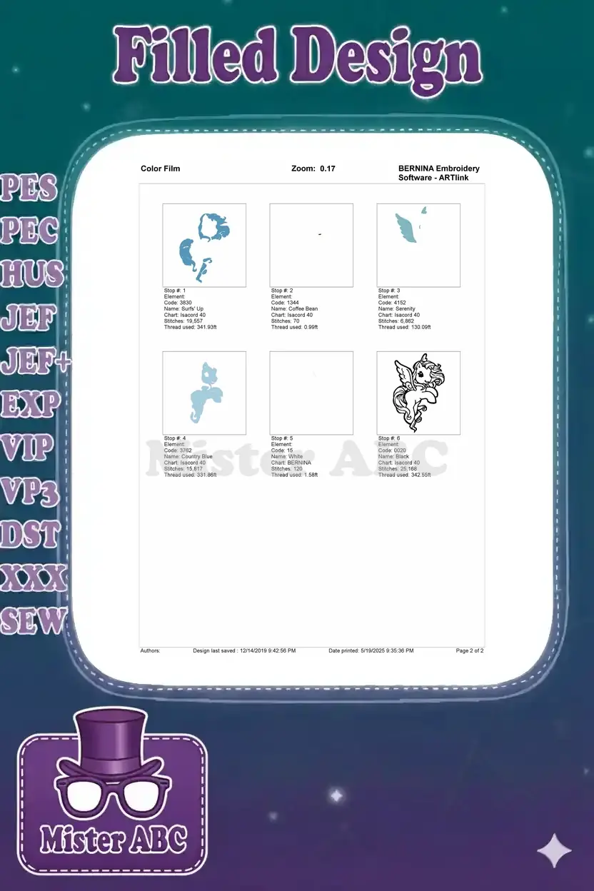 Color film breakdown of the winged pony embroidery, showing the individual stitch elements and their sequence.