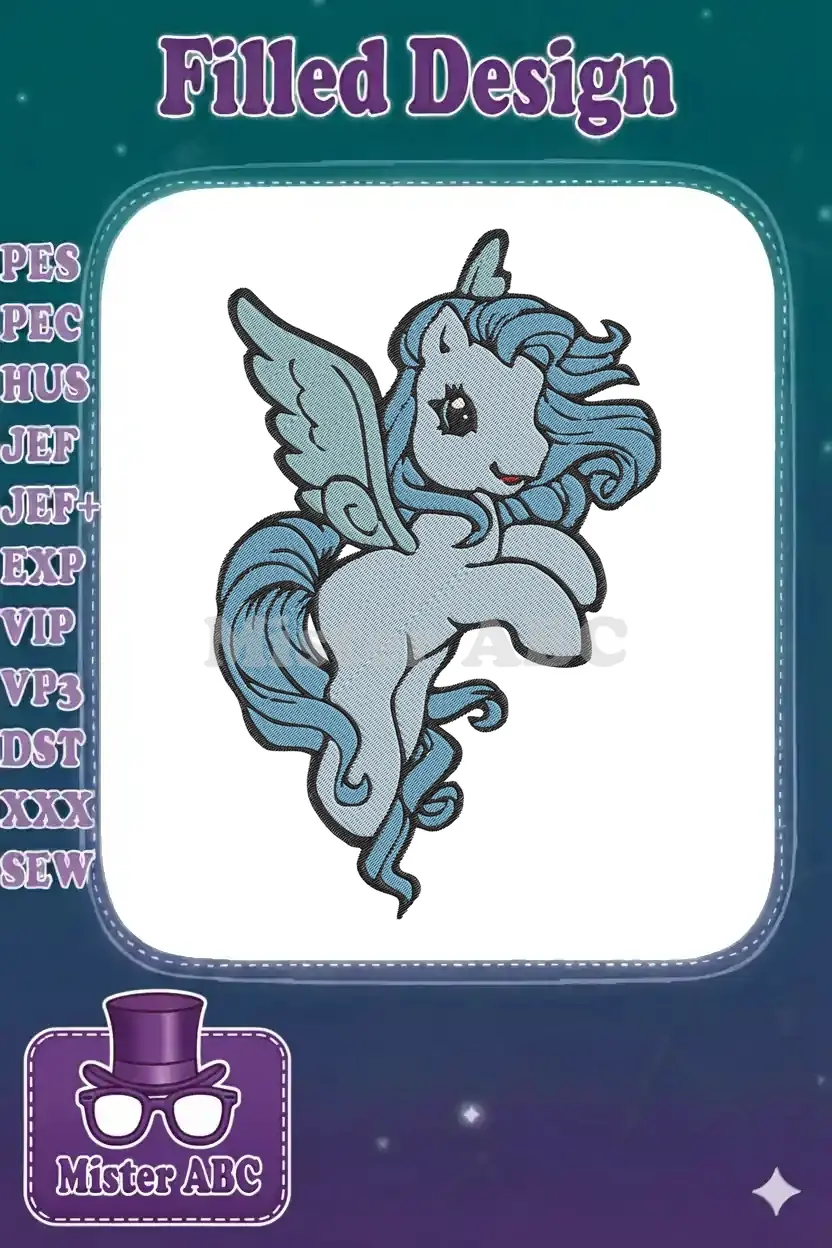 A charming light blue winged pony embroidery design with a flowing darker blue mane and tail, featuring a sweet expression.