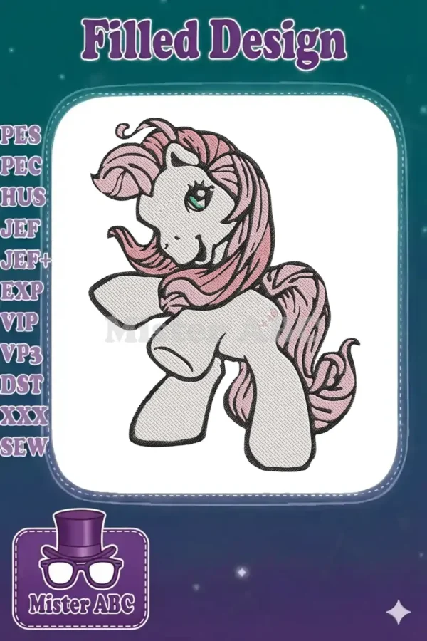 A delightful pink-maned vintage pony embroidery design, featuring intricate fill stitches and bold outlines.