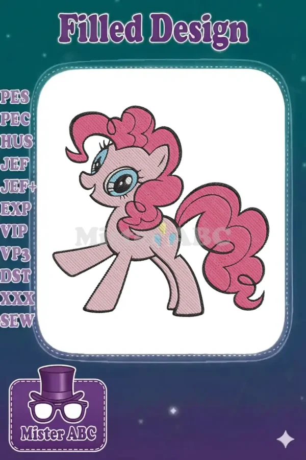 A delightful Pinkie Pie embroidery design, showcasing her cheerful pose and signature pink mane and tail, ready to stitch.