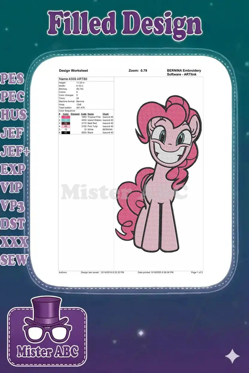 An embroidery design worksheet for Pinkie Pie, showing dimensions, stitch count, and thread color details.