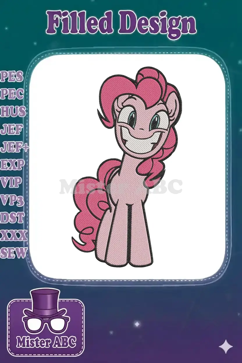 A lively embroidery design of Pinkie Pie from My Little Pony, featuring her wide, cheerful smile and pink mane.
