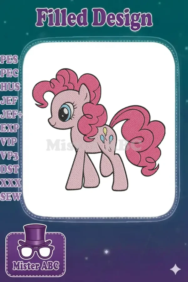 Full-color, detailed embroidery design of Pinkie Pie from My Little Pony, featuring her signature pink mane and balloons.