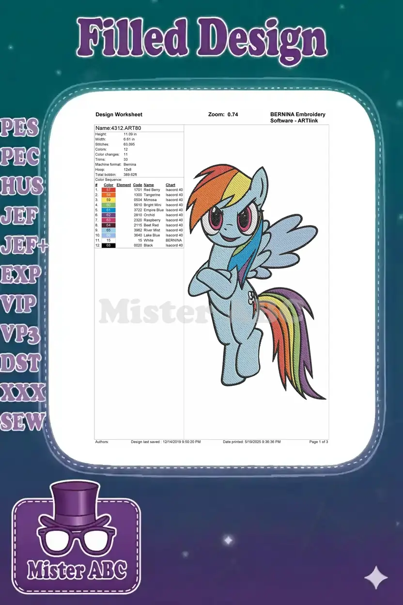 Embroidery design worksheet for Rainbow Dash, showing dimensions, stitch count, color sequence, and thread details.