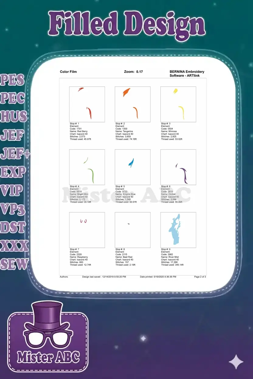 First page of the Color Film for Rainbow Dash embroidery, detailing stitch stops and thread usage for initial colors.