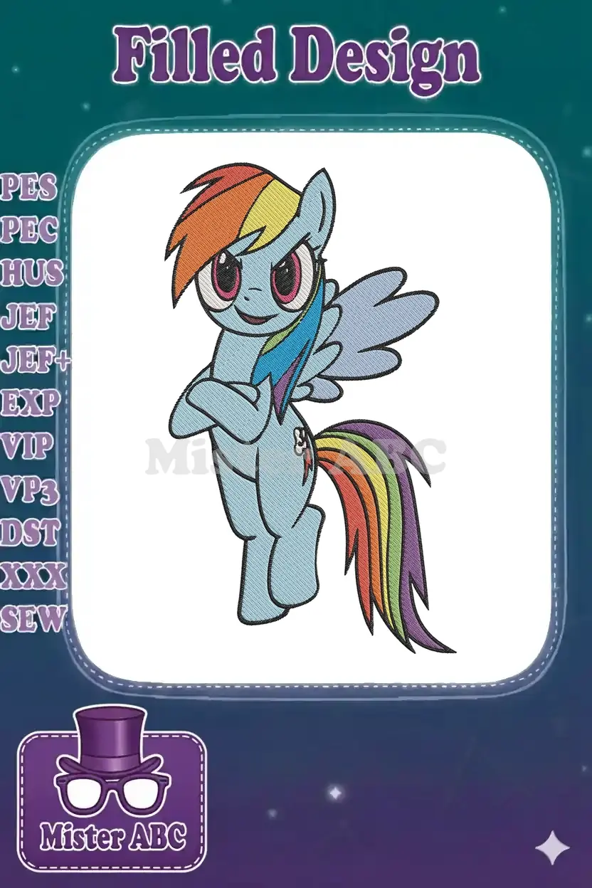 A vibrant embroidery design of Rainbow Dash from My Little Pony, proudly standing with a rainbow mane and tail.