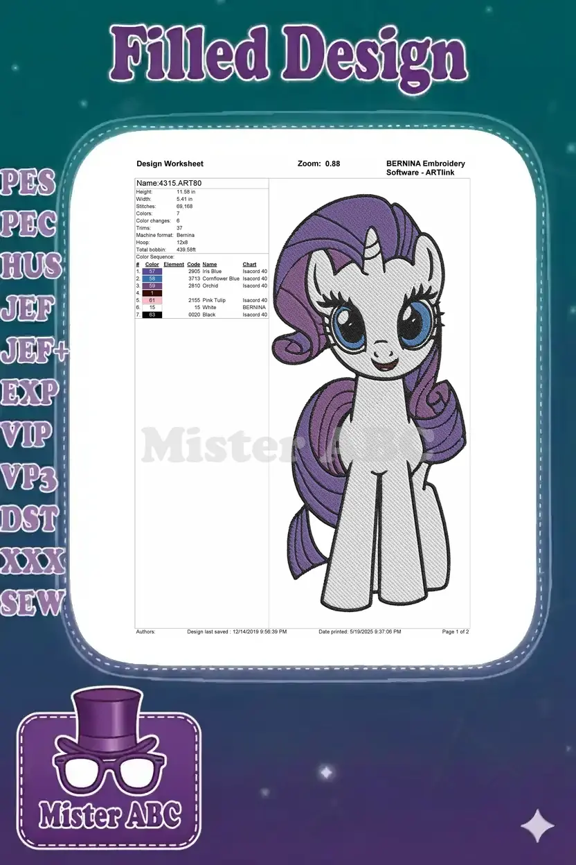 An embroidery design worksheet for Rarity, detailing dimensions, stitch count (36,168), 7 colors, and thread codes.