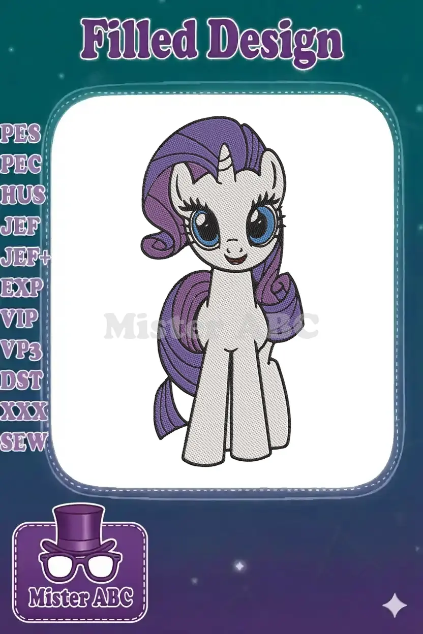 A vibrant machine embroidery design of Rarity from My Little Pony, featuring her purple mane and tail, and sparkling blue eyes.