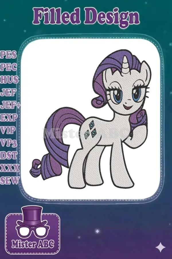 A vibrant embroidery design of Rarity, the elegant white unicorn from My Little Pony, with purple mane and tail.