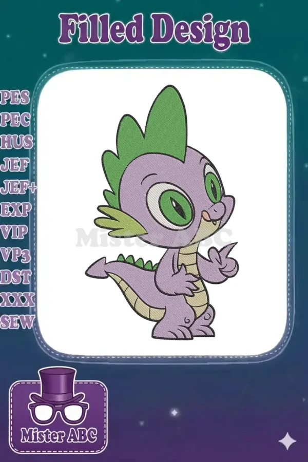 Close-up of an adorable purple and green Spike the Dragon embroidery design, facing right with a playful pose.
