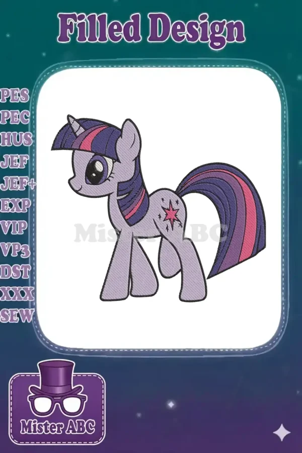 Vibrant embroidery design of Twilight Sparkle, My Little Pony, featuring her purple body, pink and blue mane.