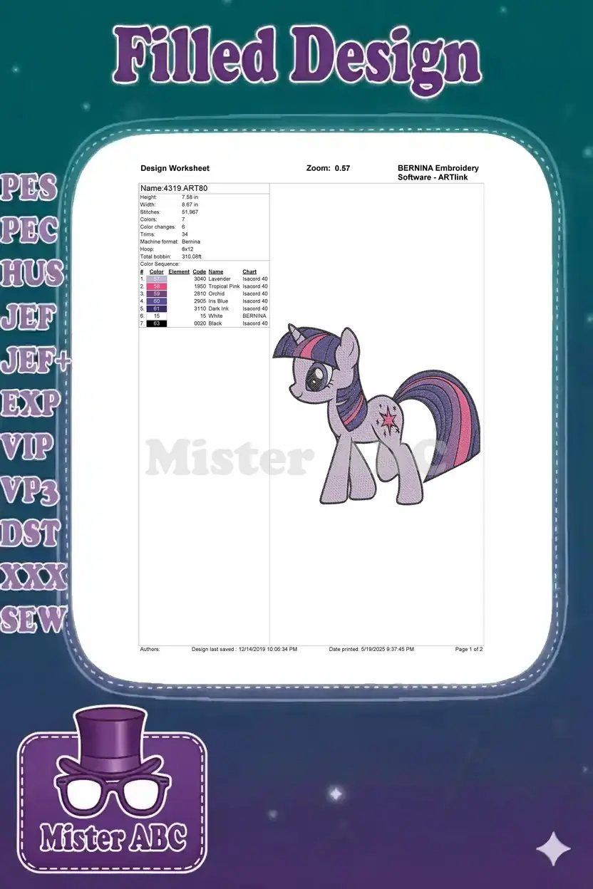 BERNINA embroidery design worksheet for Twilight Sparkle, showing dimensions, stitch count, and color chart.