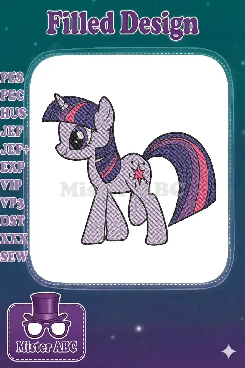 Vibrant embroidery design of Twilight Sparkle, My Little Pony, featuring her purple body, pink and blue mane.