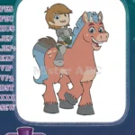 Happy cartoon knight riding a friendly red horse embroidery designs - Instant Download