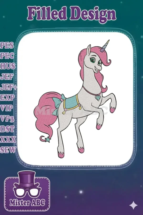 A magnificent white unicorn with a vibrant pink mane and tail, rearing gracefully, adorned with a blue bow and teal saddle.