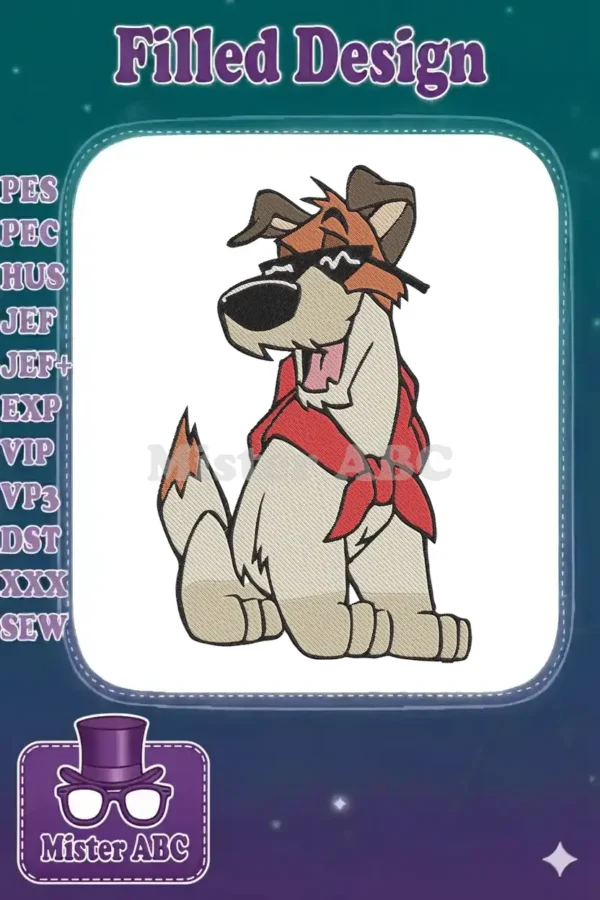 A vibrant, cool animated dog embroidery design featuring Dodger from Disney, wearing sunglasses and a red bandana.