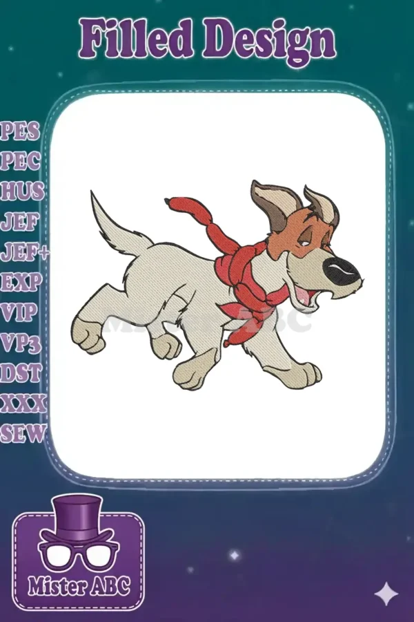 A lively embroidery design of a cartoon dog with a red sausage scarf, running with an open mouth and wagging tail.