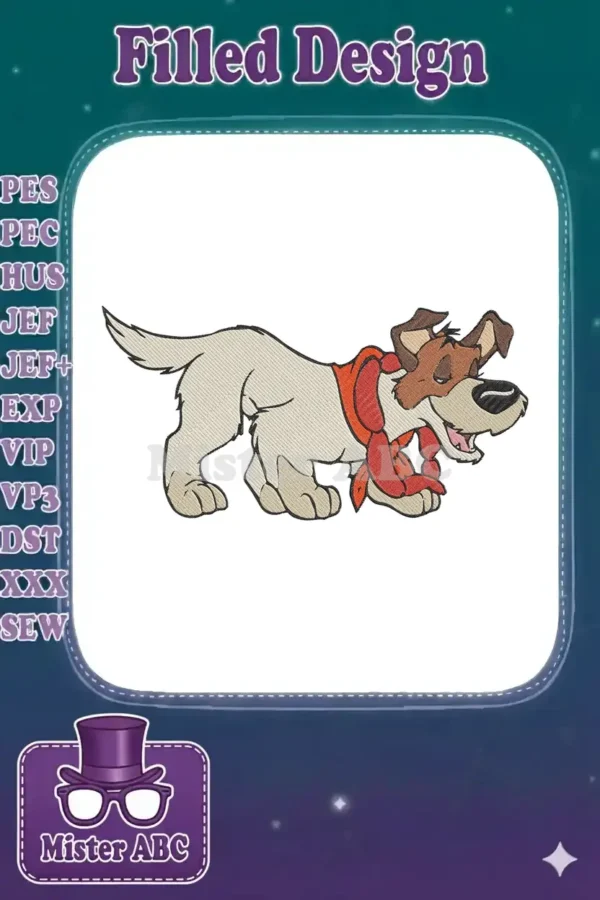 Detailed embroidery of a friendly cartoon dog, possibly Dodger, with a vibrant red scarf, perfect for character enthusiasts.
