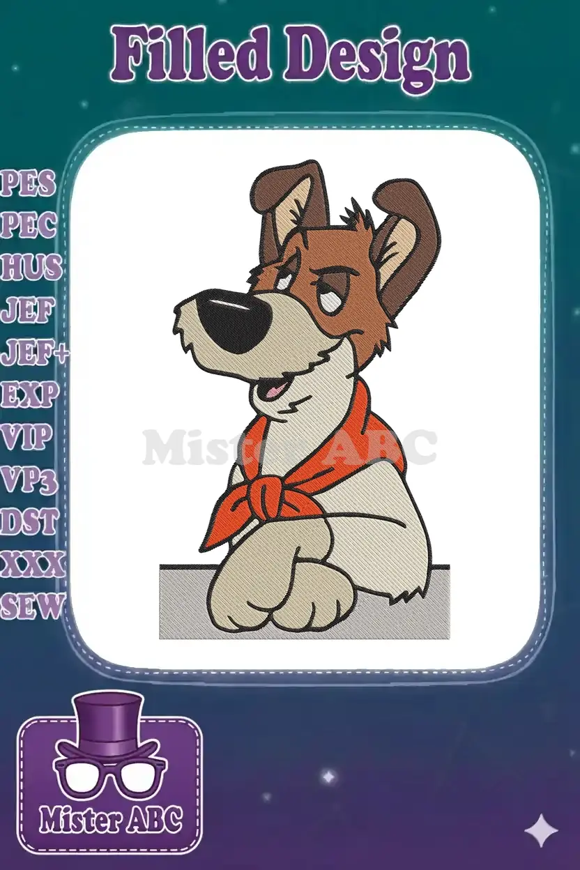 A detailed embroidery design of a charming cartoon dog with brown fur, tan muzzle, and a vibrant red bandana.