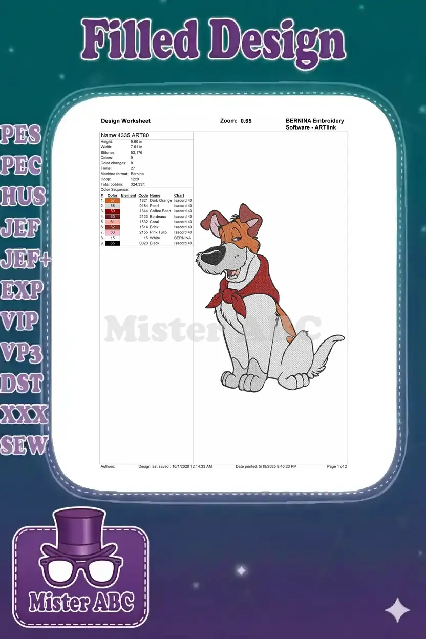 Embroidery design worksheet for Dodger, showing dimensions, stitch count, color sequence, and thread details.