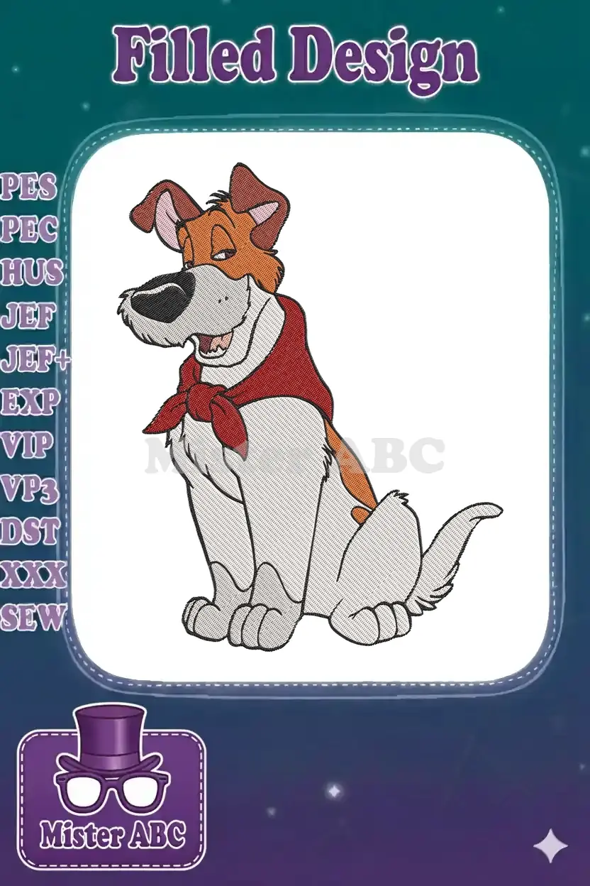 Embroidered design of Dodger, a cheerful cartoon dog from Oliver & Company, with a red bandana, sitting.