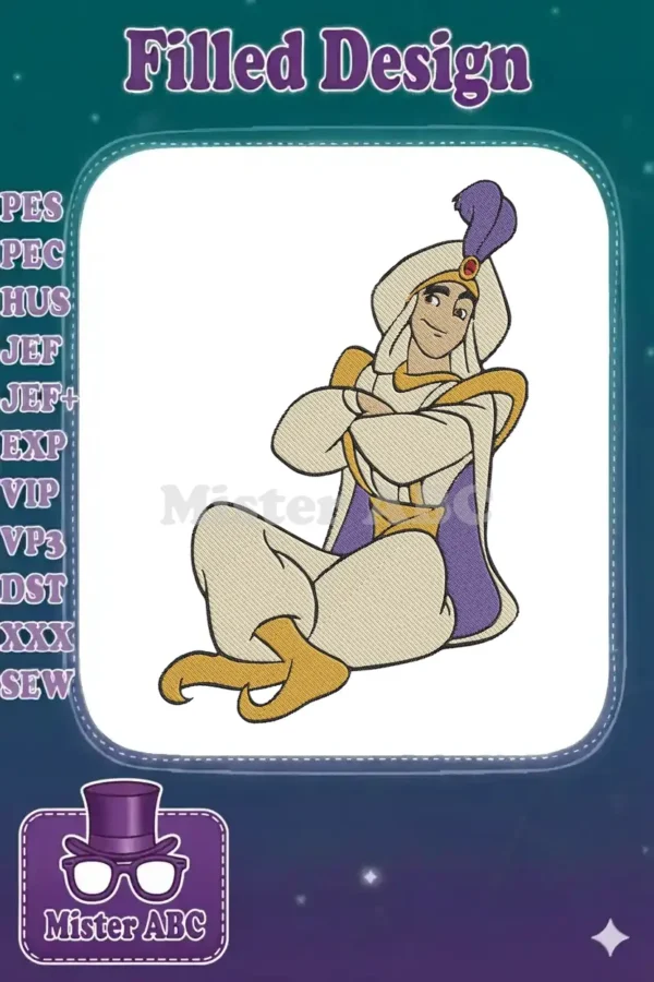 Aladdin embroidery design, featuring the beloved character seated with crossed arms, showcasing detailed fill stitches.